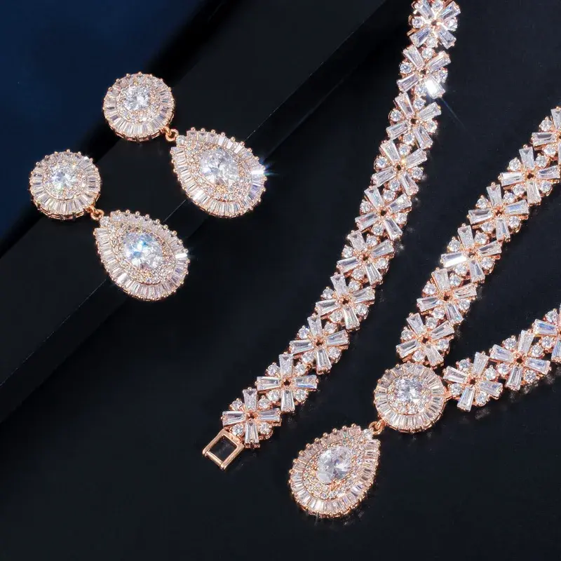 Thumbnail: Gold Plate Jewelry Luxury Cubic Zirconia Necklace Earring Bracelet Jewelry Set
