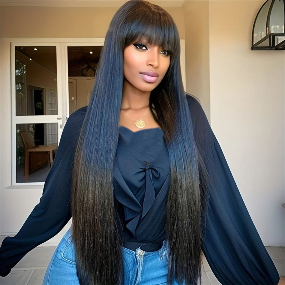 Straight Peruvian Wig with Bangs – Medium Length, Full Machine Made
