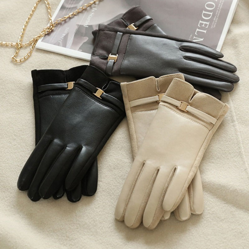 Women Elegant Suede Winter Gloves with Touch Screen and Warm Velvet Lining