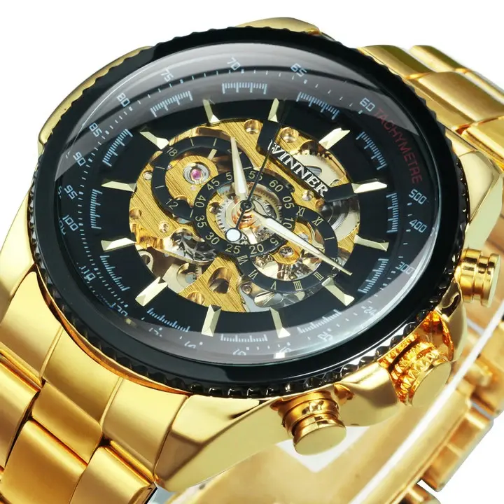 Thumbnail: Skeleton Automatic Mechanical Men Wrist Watch Leather Strap Silver Gold