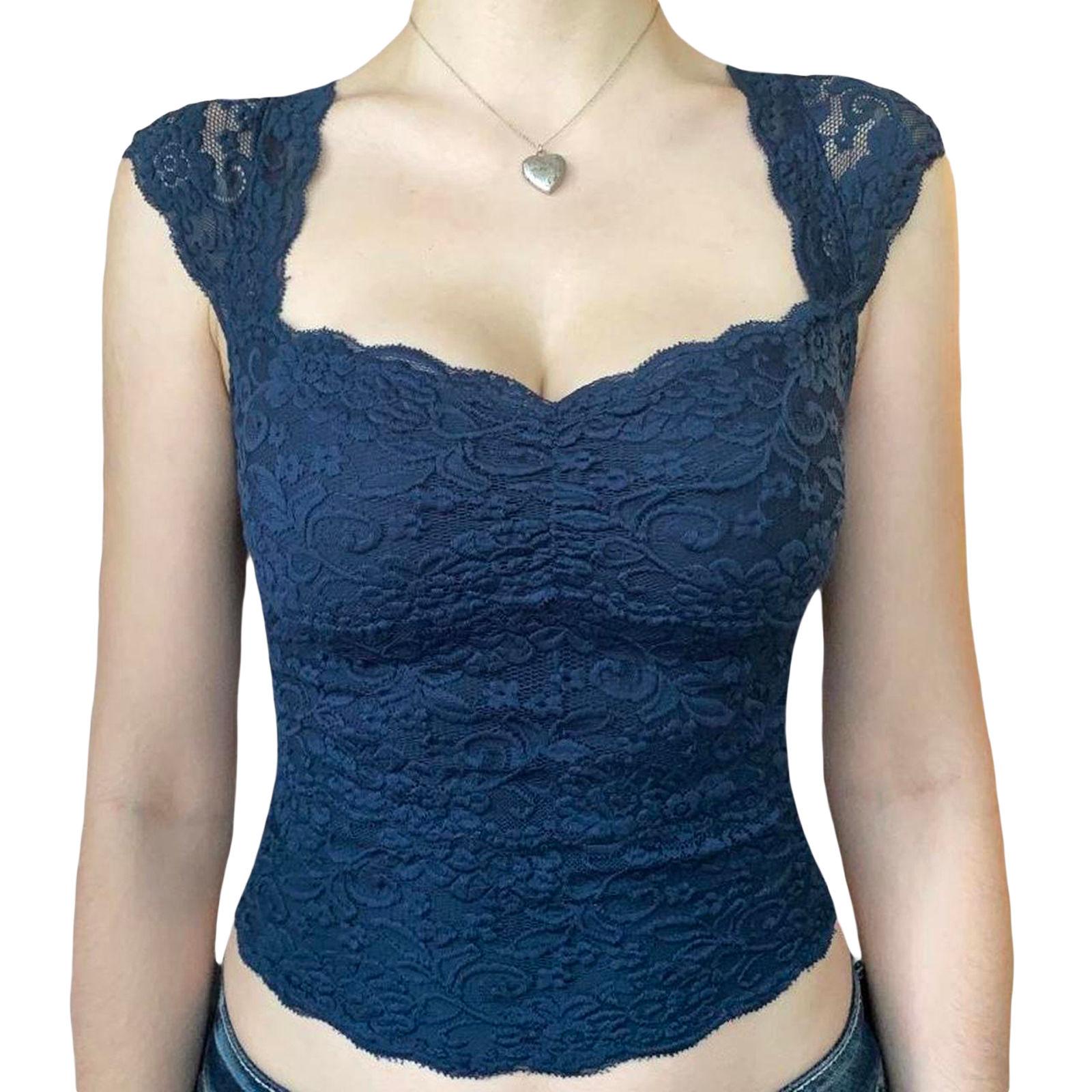 Lace Floral Crop Top – Square Neck Sleeveless Summer Blouse with Cap Sleeves