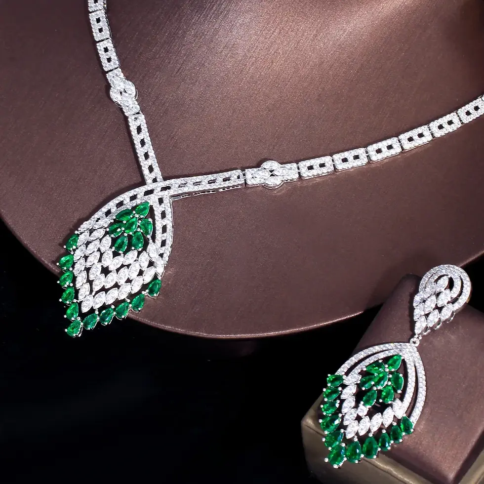 Thumbnail: Chunky Green Cubic Pendant Necklace & Dangle Earrings Set