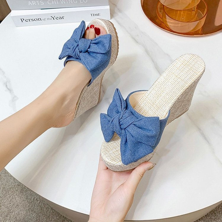 Thumbnail: Womens Platform Wedge Slip On Butterfly Knot Summer Sandals