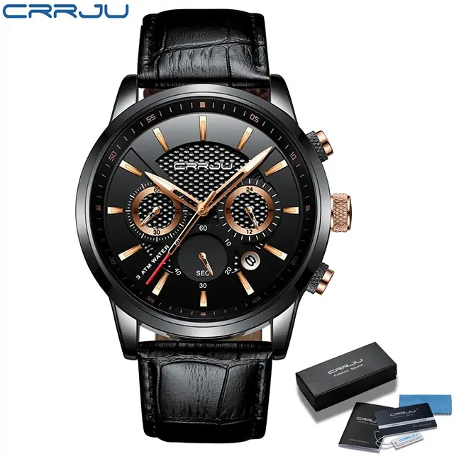 Thumbnail: CRRJU 2212L Quartz Chronograph Watch – Leather Strap, Waterproof