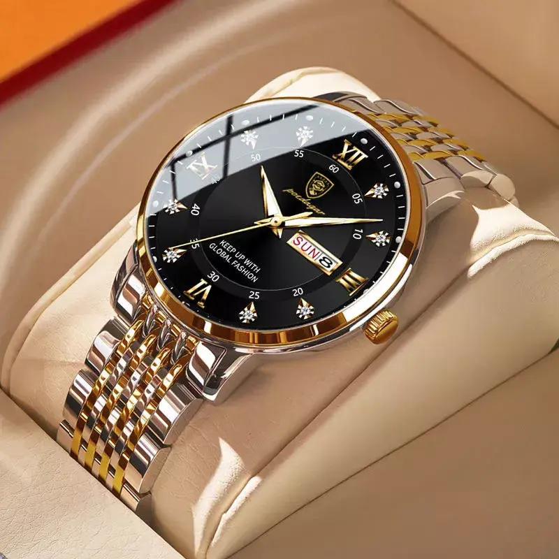 Thumbnail: POEDAGAR Stainless Steel Quartz Watch – Men's Luxury Chronograph with Calendar