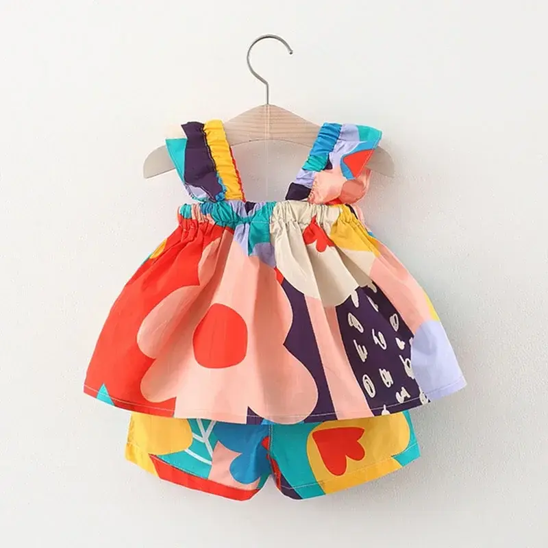 Thumbnail: Summer Baby Girls Clothing Set – Floral Suspender Vest & Shorts