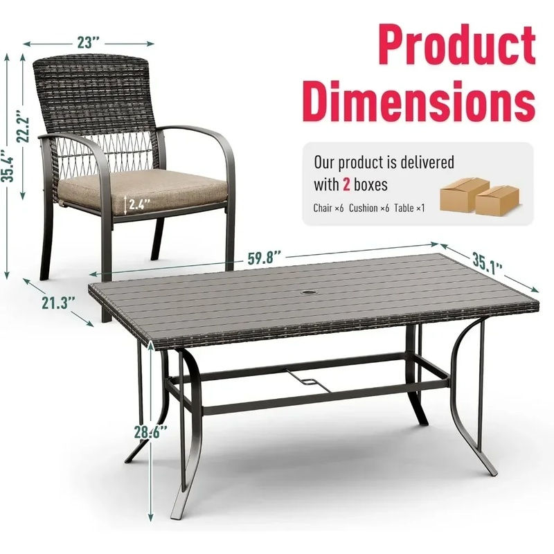 Thumbnail: 7-Piece Outdoor Wicker Dining Set – Iron Slat Table with Removable Cushions