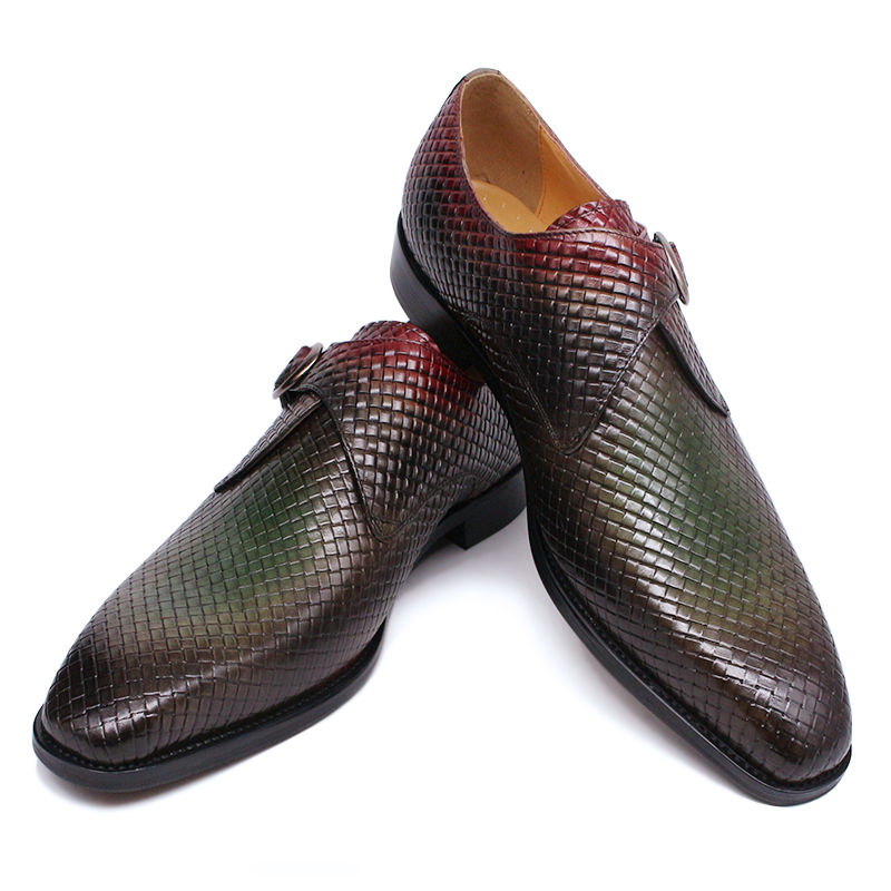 Thumbnail: Mens Monk Strap Buckle Dress Shoes Leather Plaid Design Size 6-13