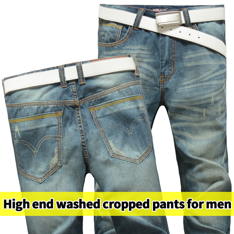 Thumbnail: YYKCLOT Ripped Plus Size Straight Jeans for Men – Retro Washed Style