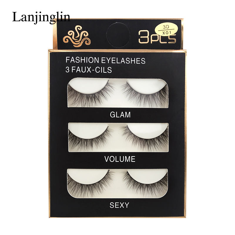 Thumbnail: Faux Cils 3 Pairs Soft Natural Long Wispy 3D Mink False Eyelashes