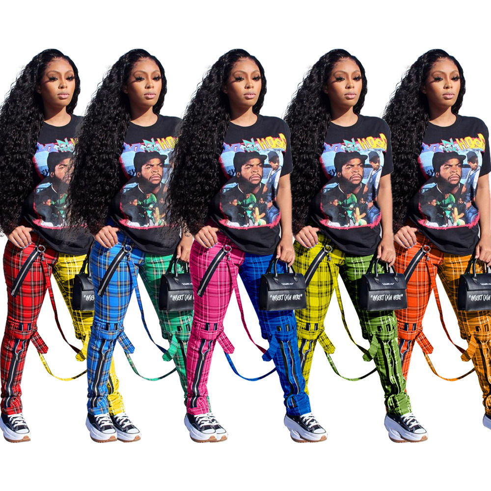 Women’s Plaid Cargo Jogger Pants – Mid Waist Zipper Sweatpants
