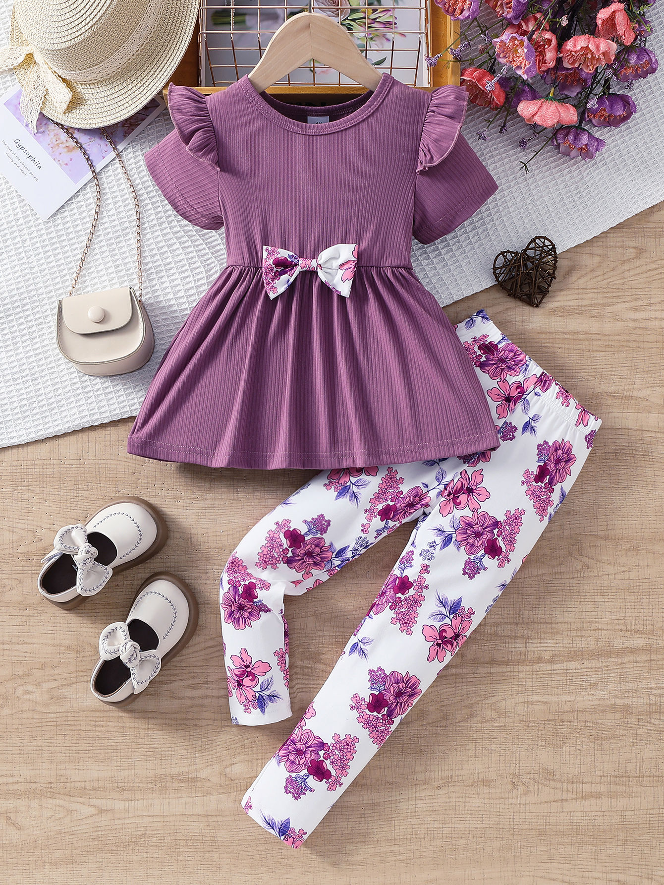 Girls Purple Bow Skirt Blouse and Floral Slim-Fit Pants Set