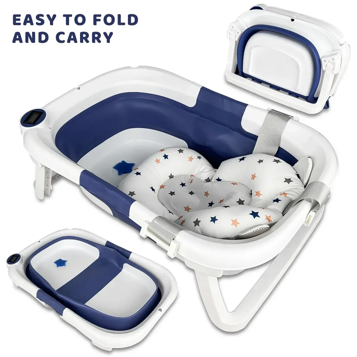 Foldable Baby Bath Tub with Real Time Temperature Monitor and Non Slip Cushion