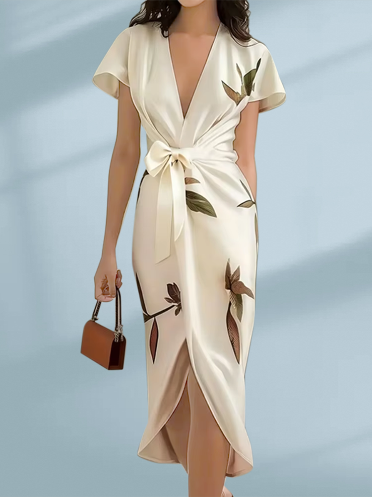 Elegant V-Neck Leaf Print Midi Dress with Short Sleeves