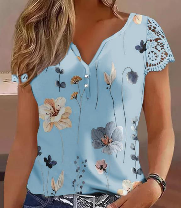 Thumbnail: Floral Print Split Neck Lace Splice T-Shirt – Elegant Summer Casual Top