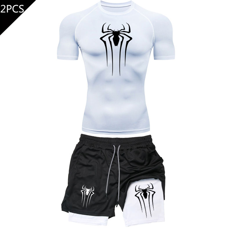 Thumbnail: Men’s Y2K Spider Print Compression Set – Quick-Dry Gym T-Shirt for Summer