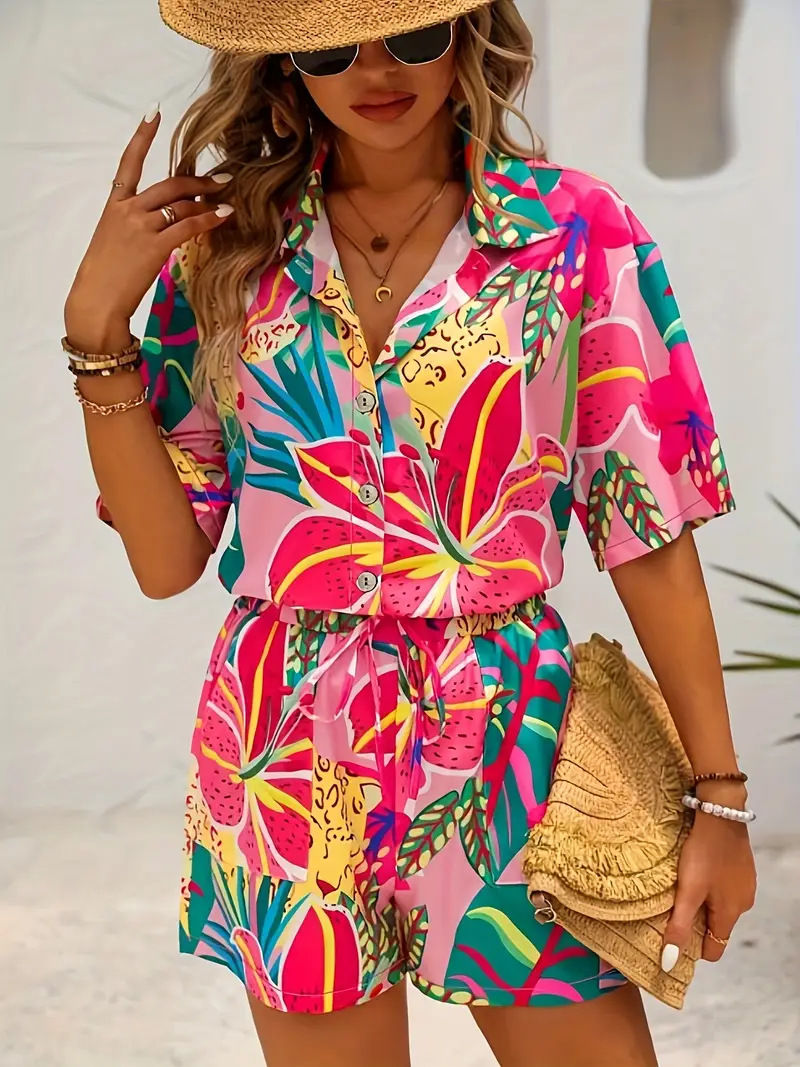Thumbnail: Two-Piece Hawaiian Vacation Set with Short-Sleeve Shirt and Matching Shorts