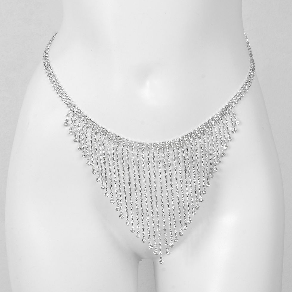 Thumbnail: Tassel Hanging Rhinestone Chest and Underwear Body Chain Two-Piece Set