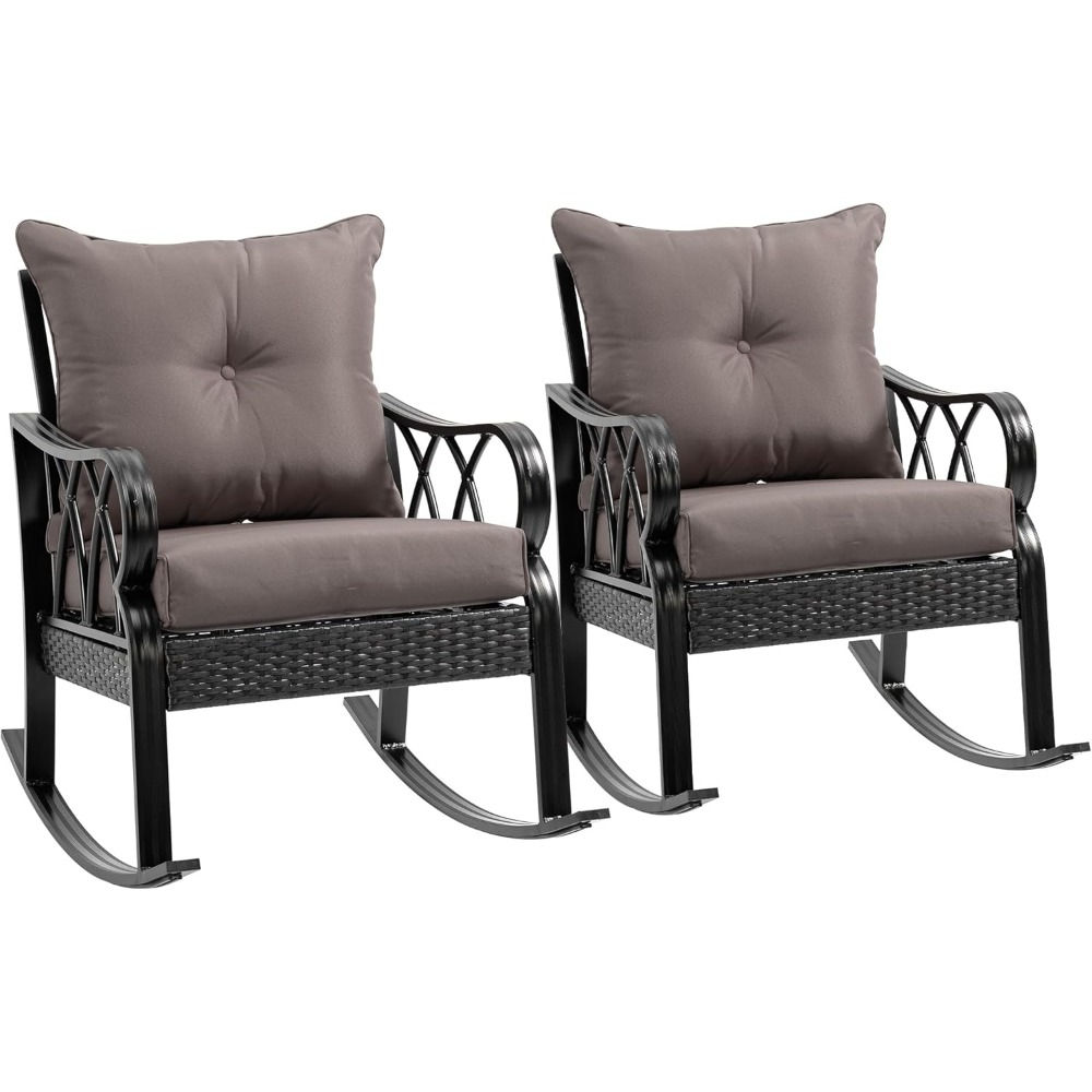 MKDK Set of 2 Outdoor Wicker Rocking Chairs with Cushions and Aluminum Frame