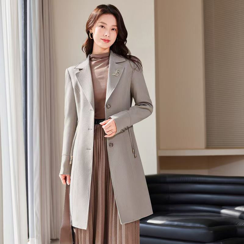 Thumbnail: Women Long Slim Trench Coat with Single Breasted British Windbreaker Design