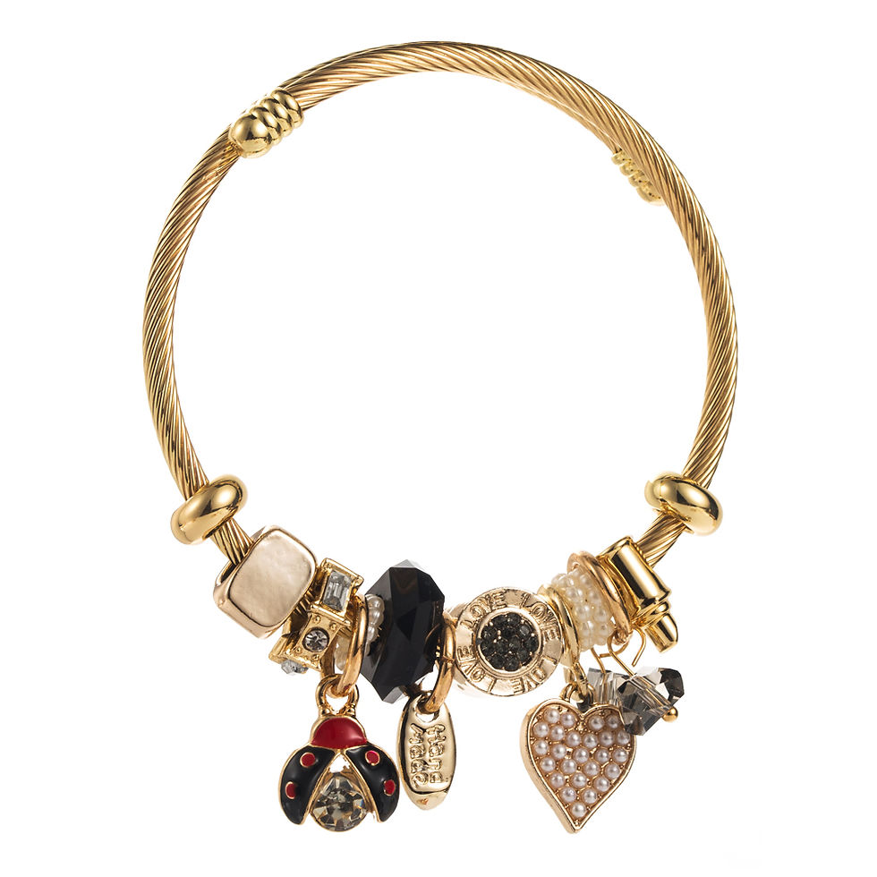 Thumbnail: Ladybug Heart Pearl Pendant Beaded Stainless Steel Bracelet Gold Plated
