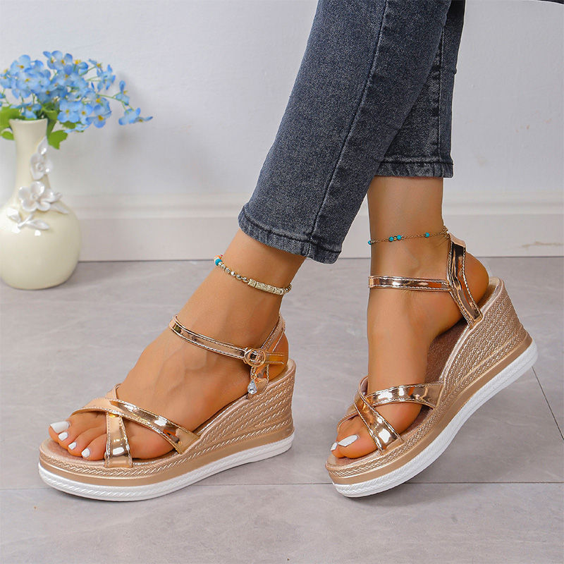 Thumbnail: Crystal Cross Band Wedge Sandals for Women – Gold & Silver PU Leather with Ankle