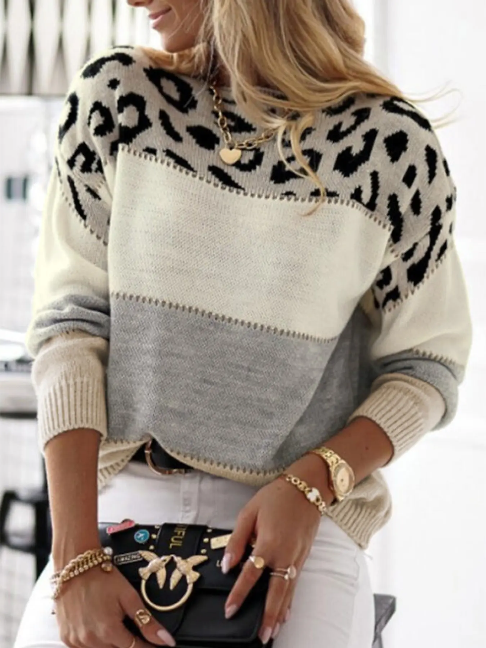 Thumbnail: Round Neck Leopard Print Woolen Pullover – Women’s Casual Knit Top