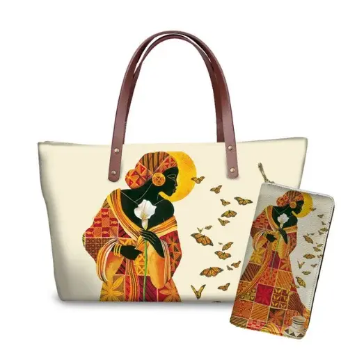 Thumbnail: Black African Art Printed PU Leather Tote & Shoulder Bag Set