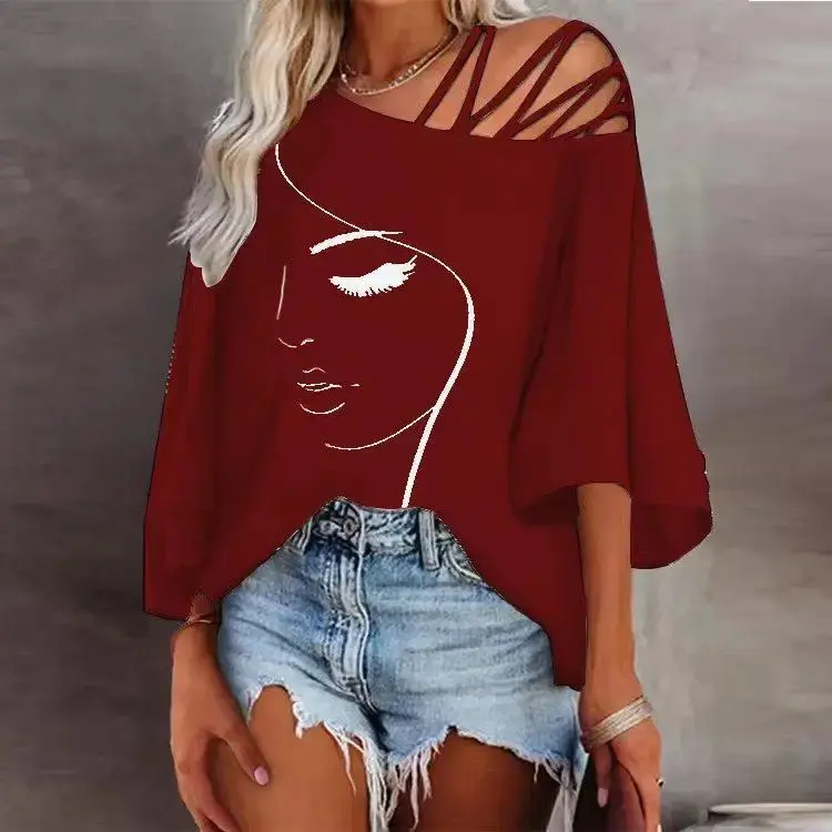 Thumbnail: Women’s Splicing Loose T-Shirt – Slant Neck Face Print Casual Top for Summer