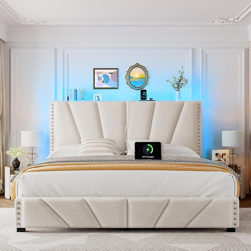 King Size Velvet Bed Frame with LED Headboard and Storage Shelf