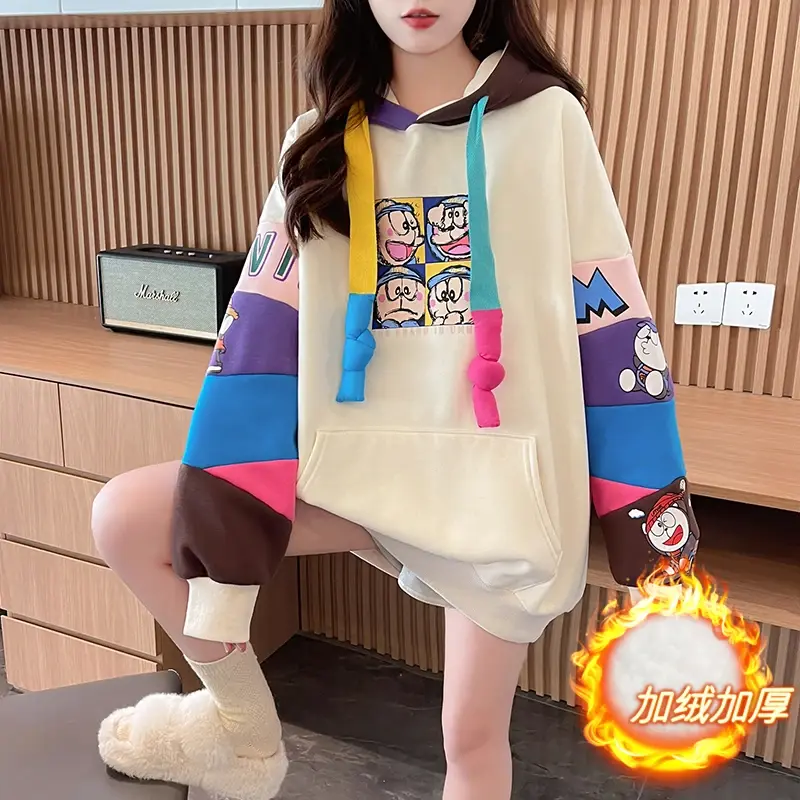 Thumbnail: Women Thick Hooded Color Block Cartoon Print Loose Long Winter Coat Hoodie Top