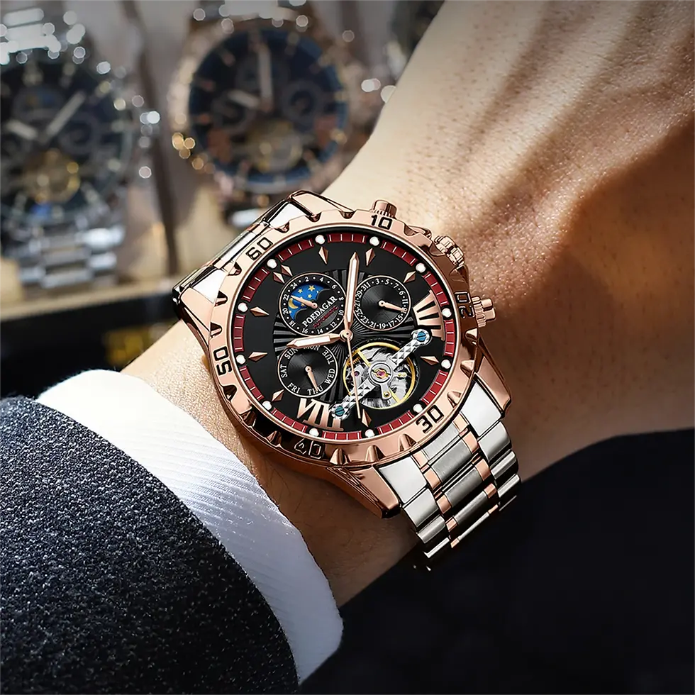Thumbnail: Mechanical Automatic Wrist Watch Stainless Steel Moon Phase Men Timepiece