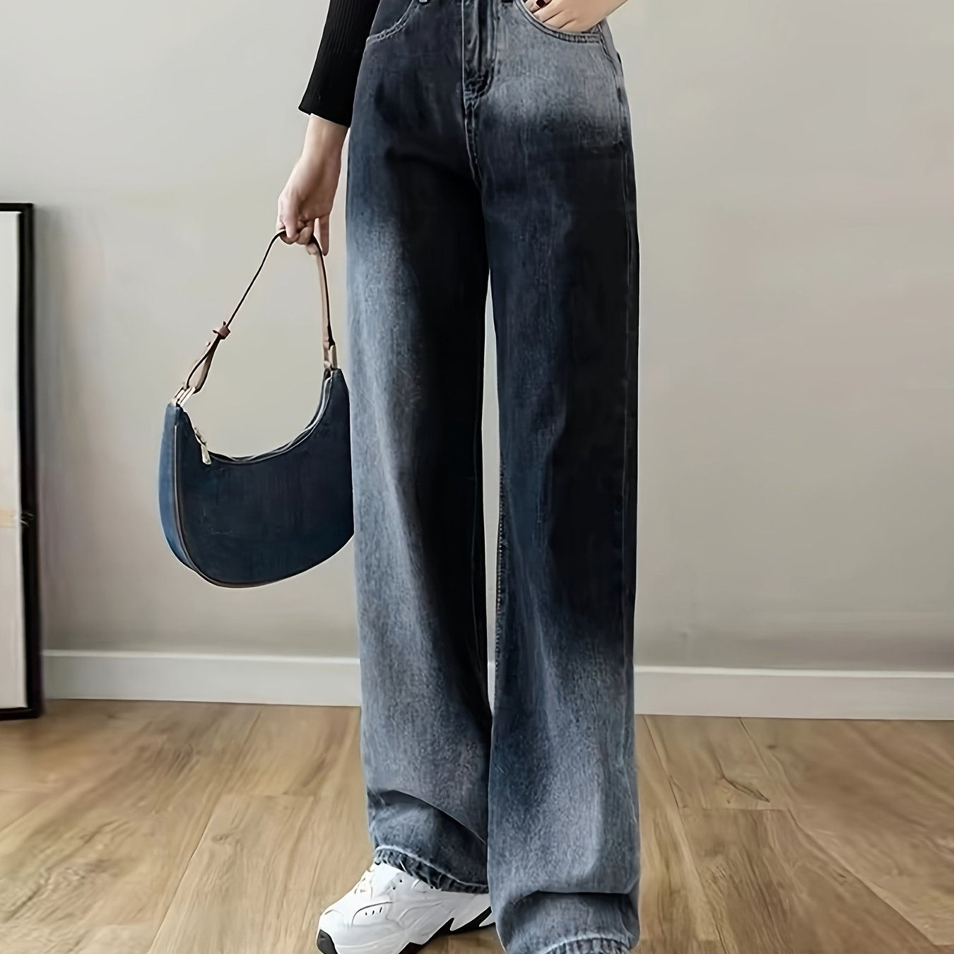 Retro Colorblock Washed Wide-Leg Jeans for Teen Girls – Casual Street Style