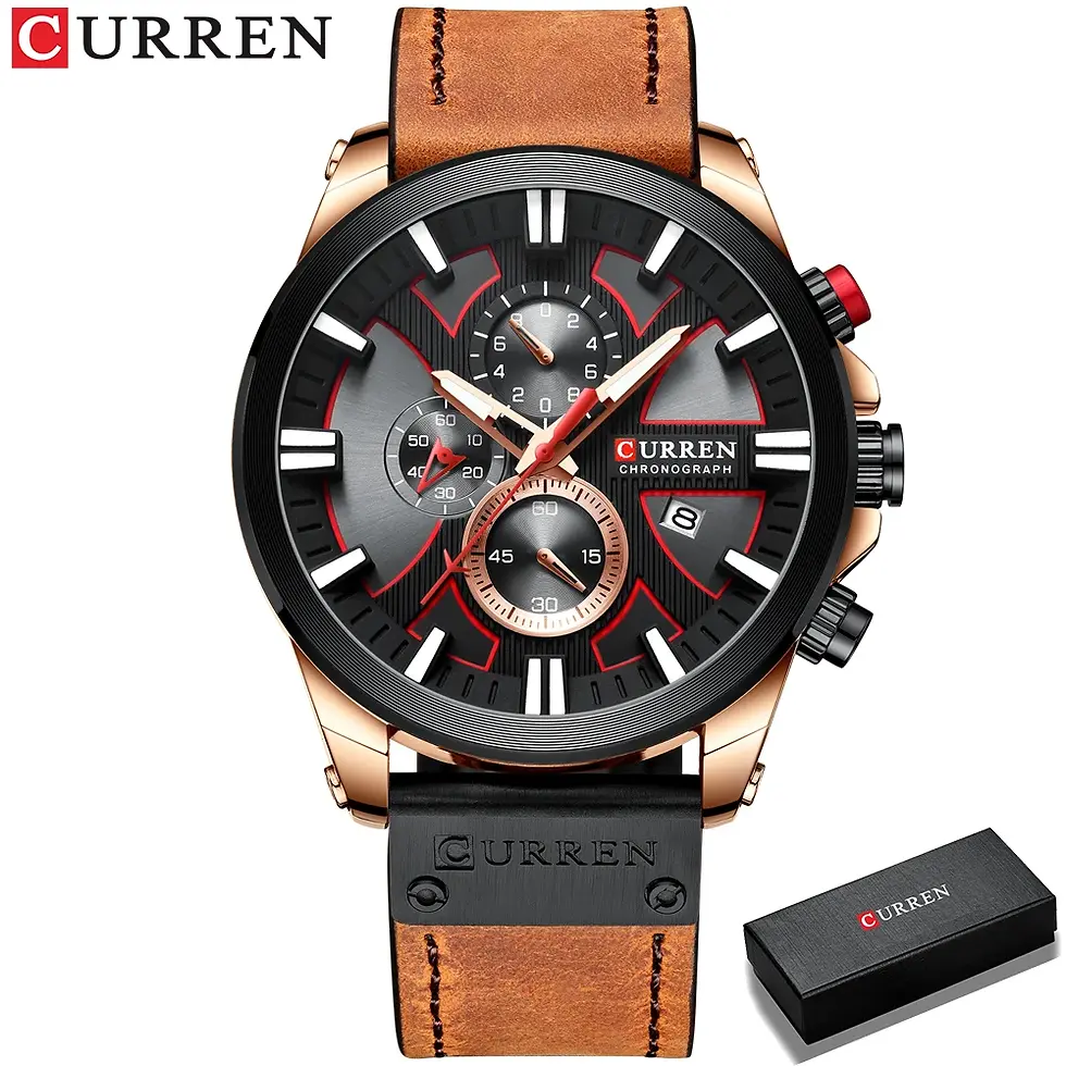 Thumbnail: Men's Stylish Quartz Watch – Leather Strap, Chronograph, Waterproof