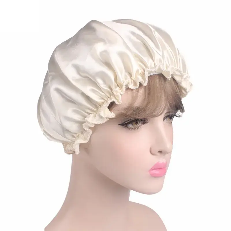 Thumbnail: Double Layer Satin Hair Cap for Women Sleeping Bath Hat with Curl Protection