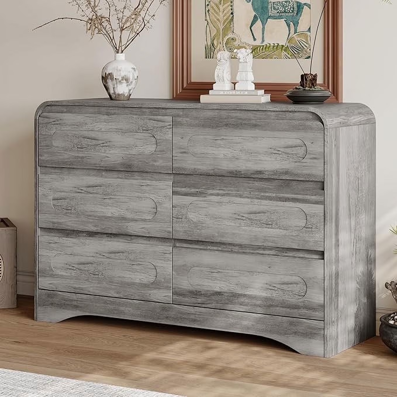 Farmhouse 6-Drawer Dresser with Curved Edge and Hidden Handles