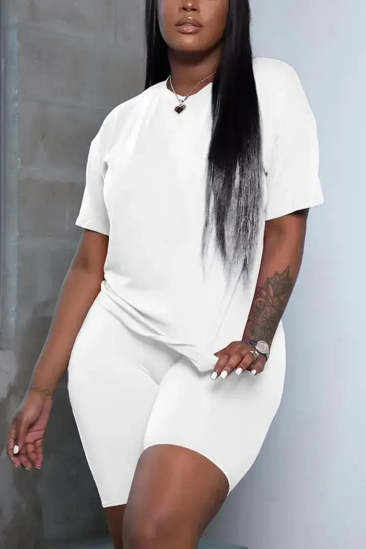 Round Neck Short Sleeve Top & Shorts Set – Casual Summer Two-Piece Outfit