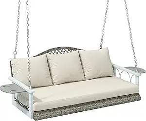3-Person Wicker Porch Swing Chair with Cup Holders, Heavy Duty 794 Lbs