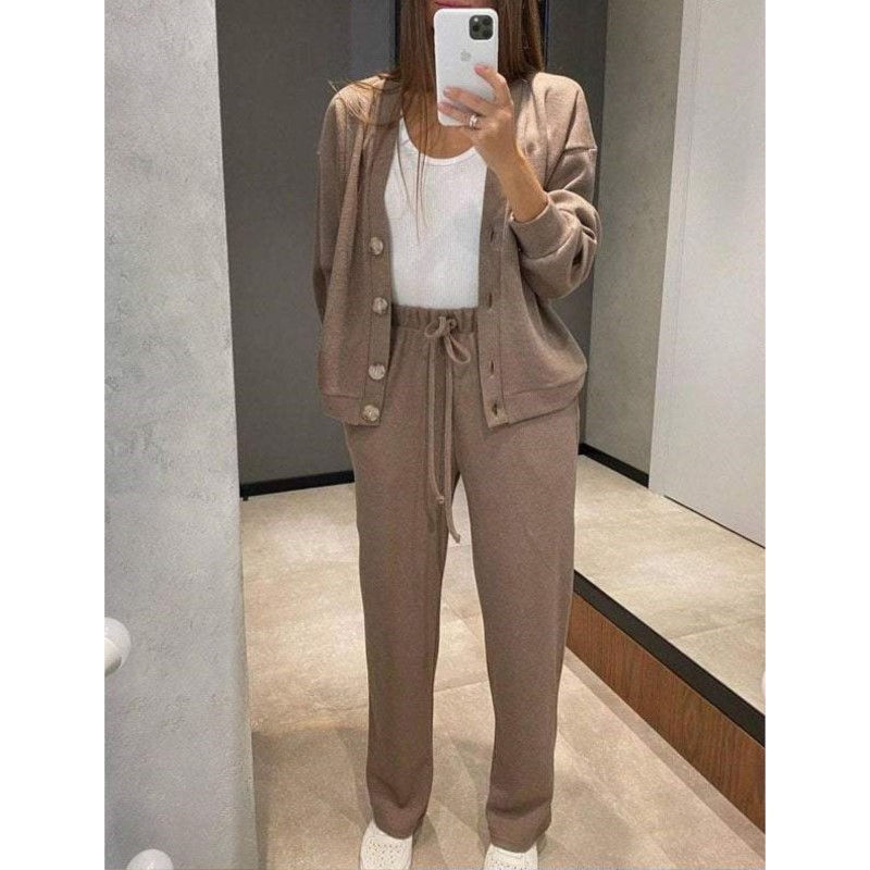 Elegant V-Neck Cardigan and Full-Length Pants Two-Piece Set