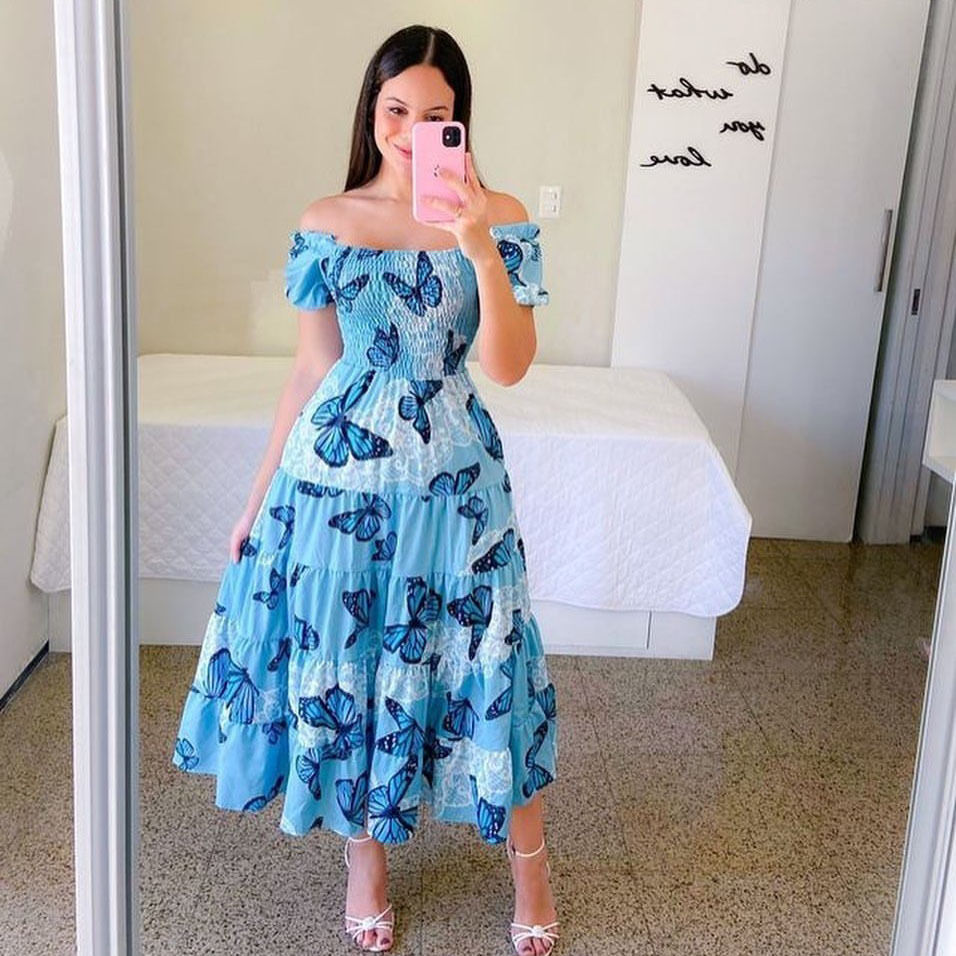 Thumbnail: Women Off Shoulder Midi Dress High Waist Floral Summer Dress