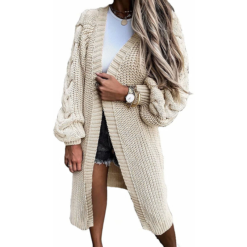 Thumbnail: Women’s Fall Winter Solid Color Lantern Sleeve Knitted Twist Cardigan Sweater