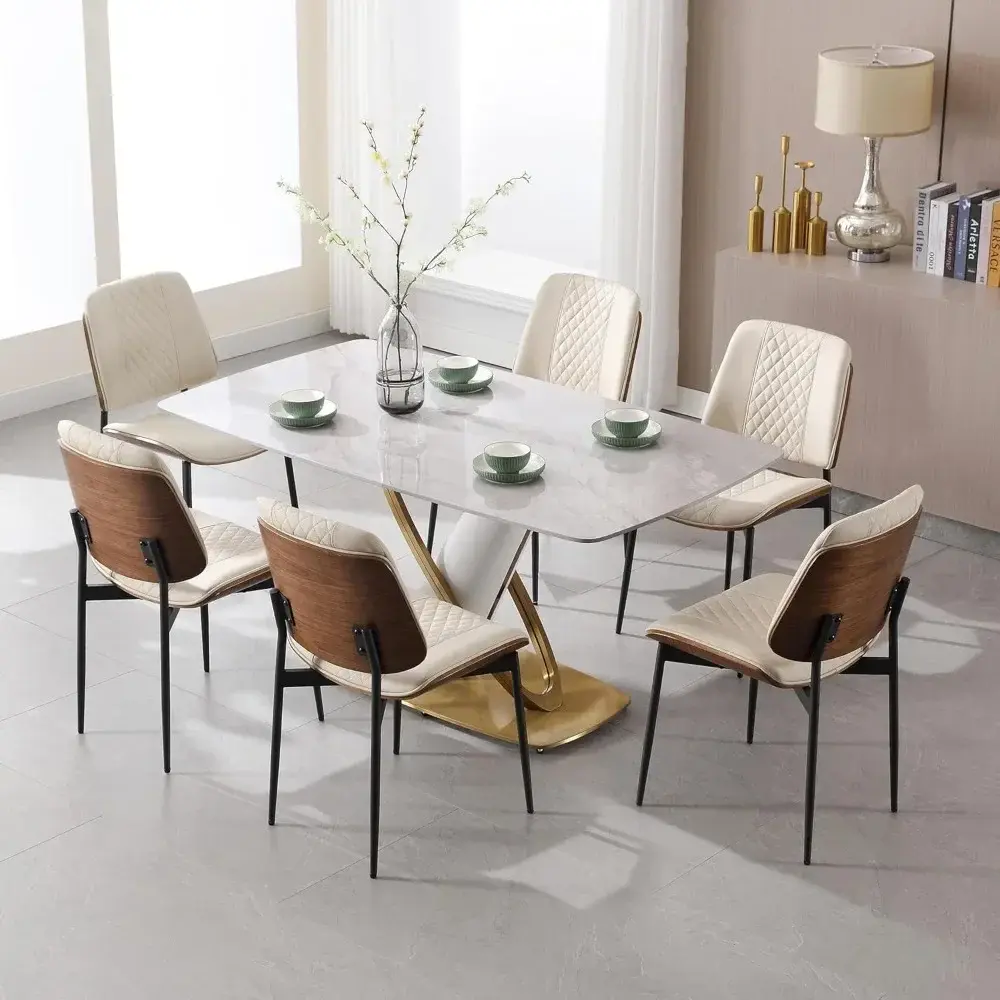 PU Leather Dining Chairs Set of 6, Armless Walnut Style