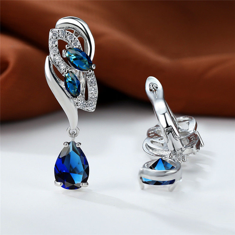 Thumbnail: Luxury Blue Rainbow Stone Clip Earrings for Women – Silver Color Classic Design