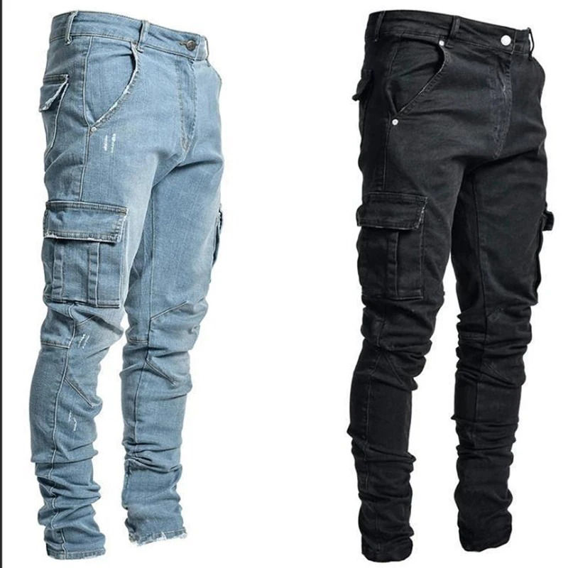 Men’s Slim Fit Cargo Denim Jeans – Multi-Pocket High Street Style