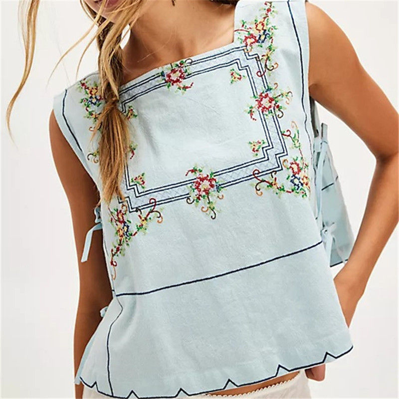 Thumbnail: Embroidered Floral Square Neck Sleeveless Tank Top with Button Front for Summer