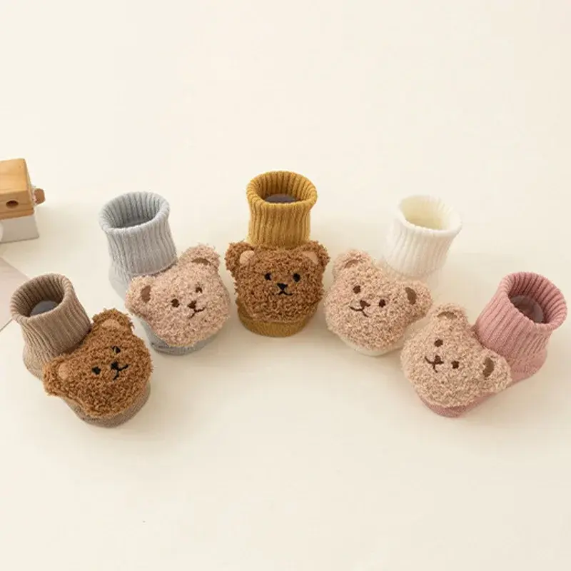 Cartoon Bear Baby Socks – Thick Warm Cotton Anti-Slip Winter Socks (0–3Y)