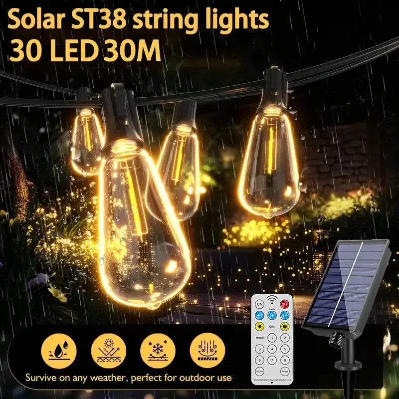 Thumbnail: Solar String Lights 30 LED Outdoor Fairy Lights Auto Dusk to Dawn