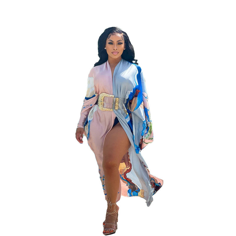 Thumbnail: Printed Kimono Style Maxi Dress V Neck Loose Plus Size Summer