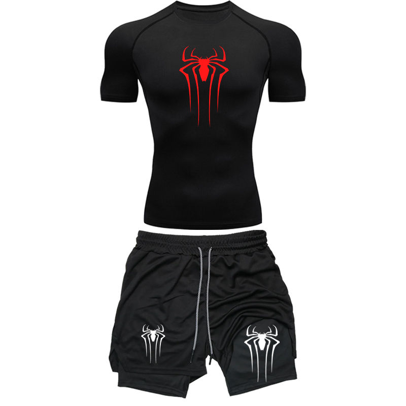 Thumbnail: Men’s Y2K Spider Print Compression Set – Quick-Dry Gym T-Shirt for Summer