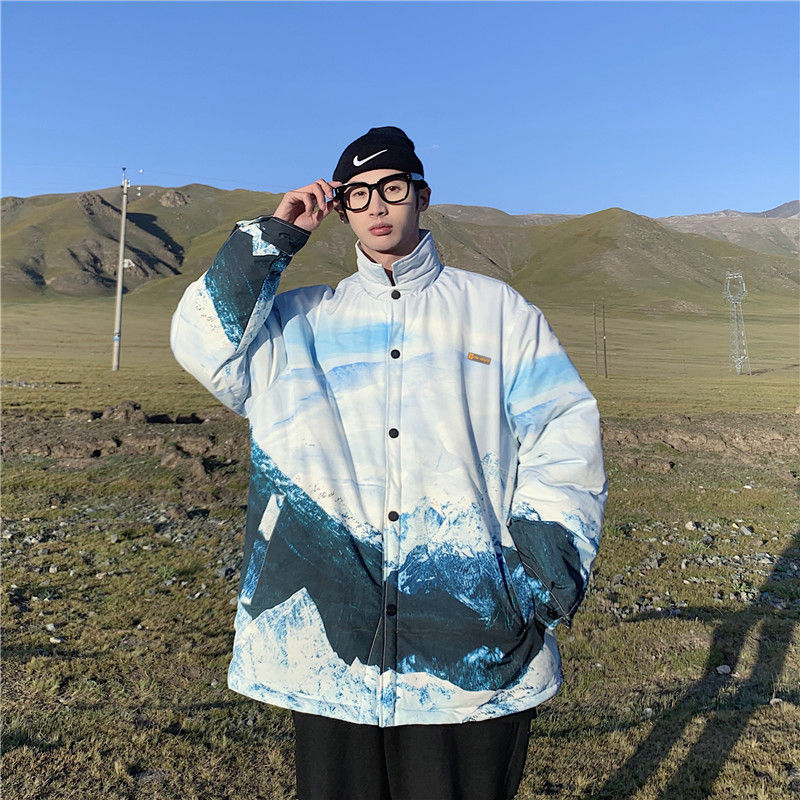 Thumbnail: Men Snow Mountain Print Cotton Padded Winter Jacket Warm Casual Outerwear Coat